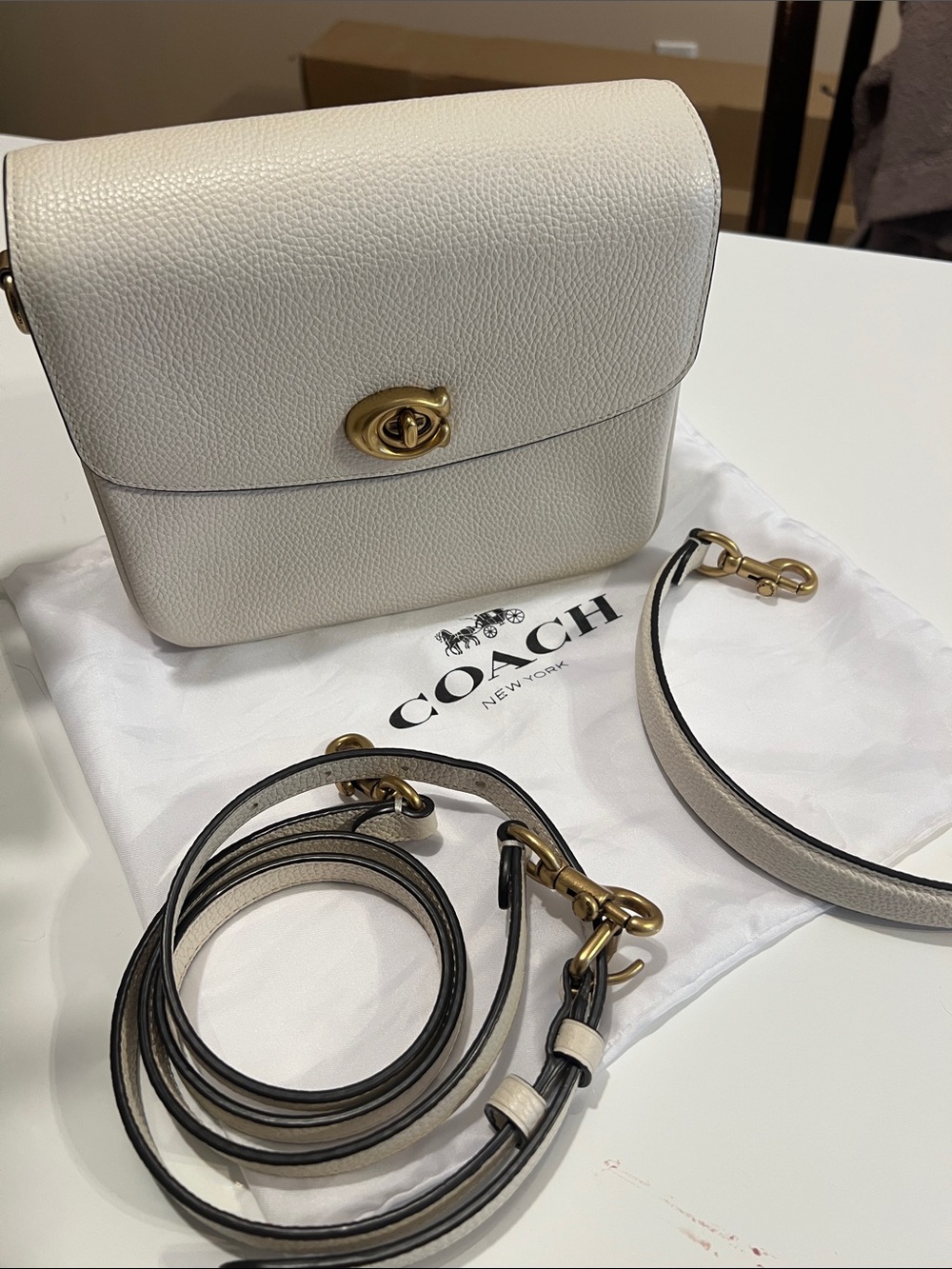 COACH Cassie 19 Chalk Pebbled Leather Turnlock Crossbody Bag with Gold Hardware